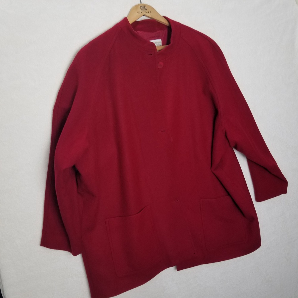 Red Wool Jacket‎ Coat Pockets Collarless Casual Work Office WXL button